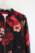 Susan Graver Black & Red Floral Full Zip Jacket | XS