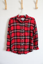 Old Navy Boyfriend Red Black & White Plaid Button Down Shirt | Youth XL (14)