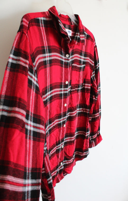 Old Navy Boyfriend Red Black & White Plaid Button Down Shirt | Youth XL (14)