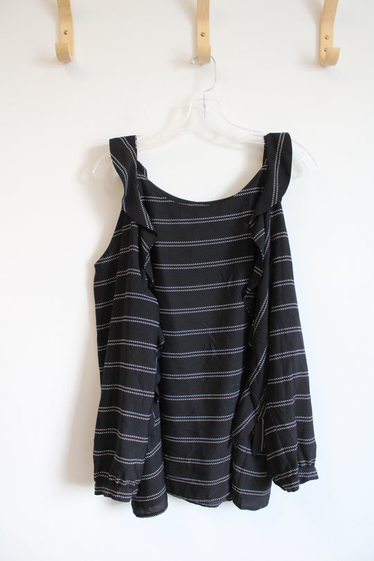 Chico's Black & White Striped Ruffled Cold Shoulder Top | 3 (XL)