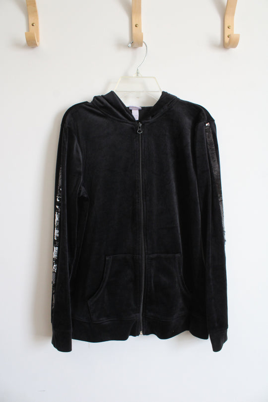 More Than Magic Black Velvet Sequined Sleeve Full Zip Jacket | Youth XL (14/16)