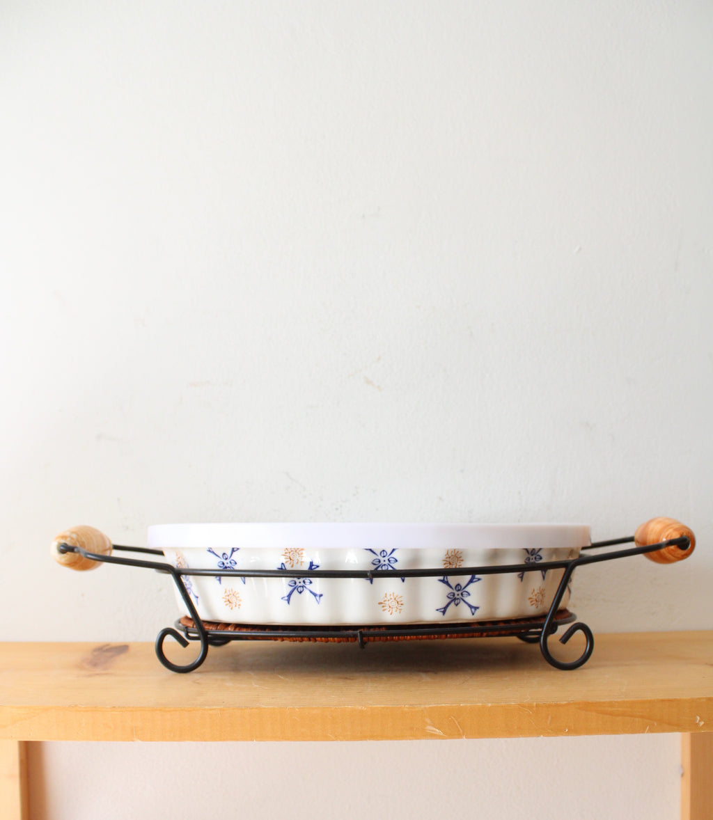 Temptations By Tara Blue & Brown Ribbed & Scalloped Oval Casserole Dish & Stand