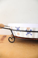 Temptations By Tara Blue & Brown Ribbed & Scalloped Oval Casserole Dish & Stand