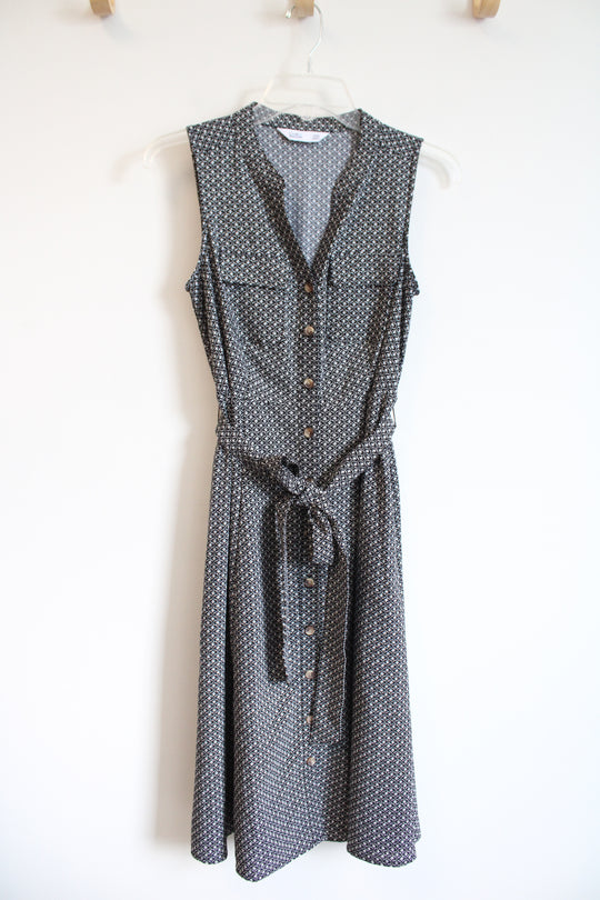 Croft & Barrow Black & White Patterned Button Down Sleeveless Belted Dress | XS Petite