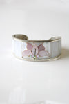 Vintage Mother Of Pearl Pink Flower Silver Cuff Bracelet