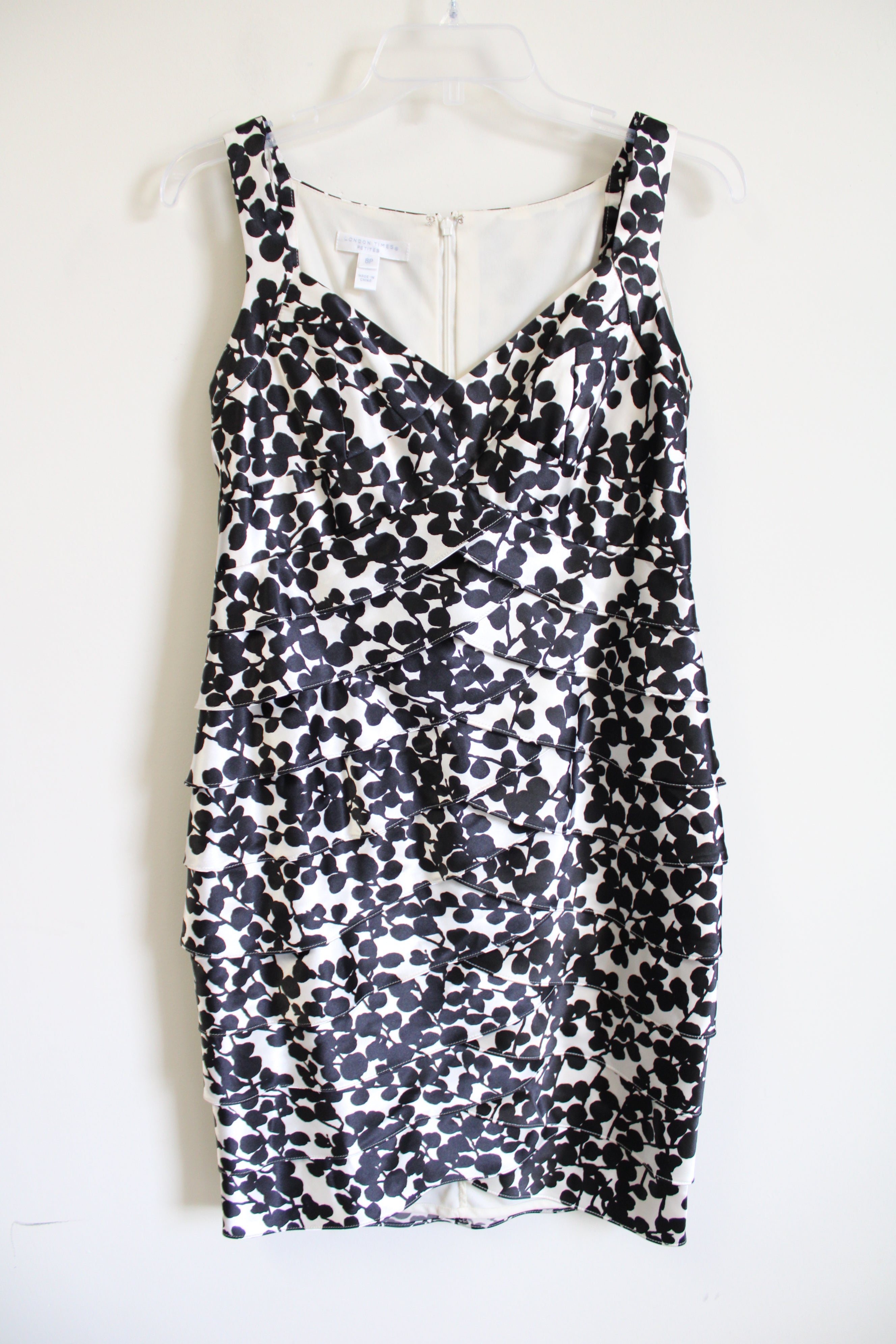 London Times Black Floral Satin Layered Dress | 8 Petite