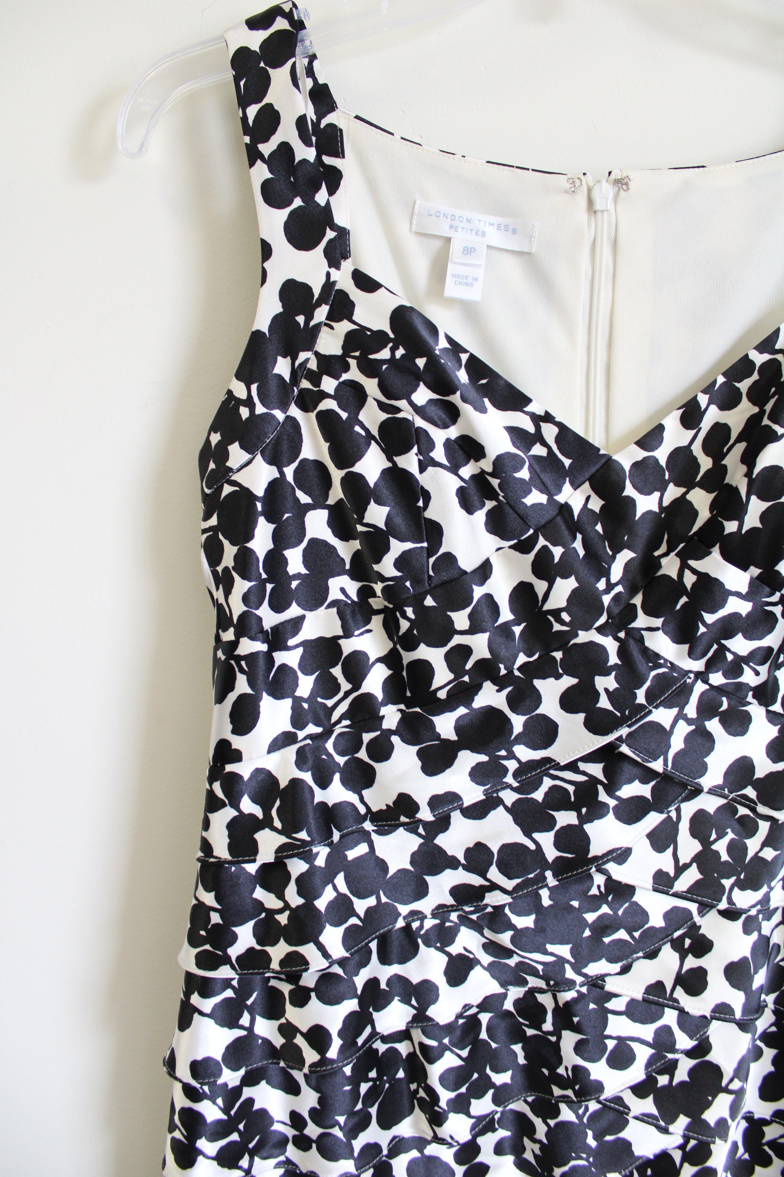 London Times Black Floral Satin Layered Dress | 8 Petite