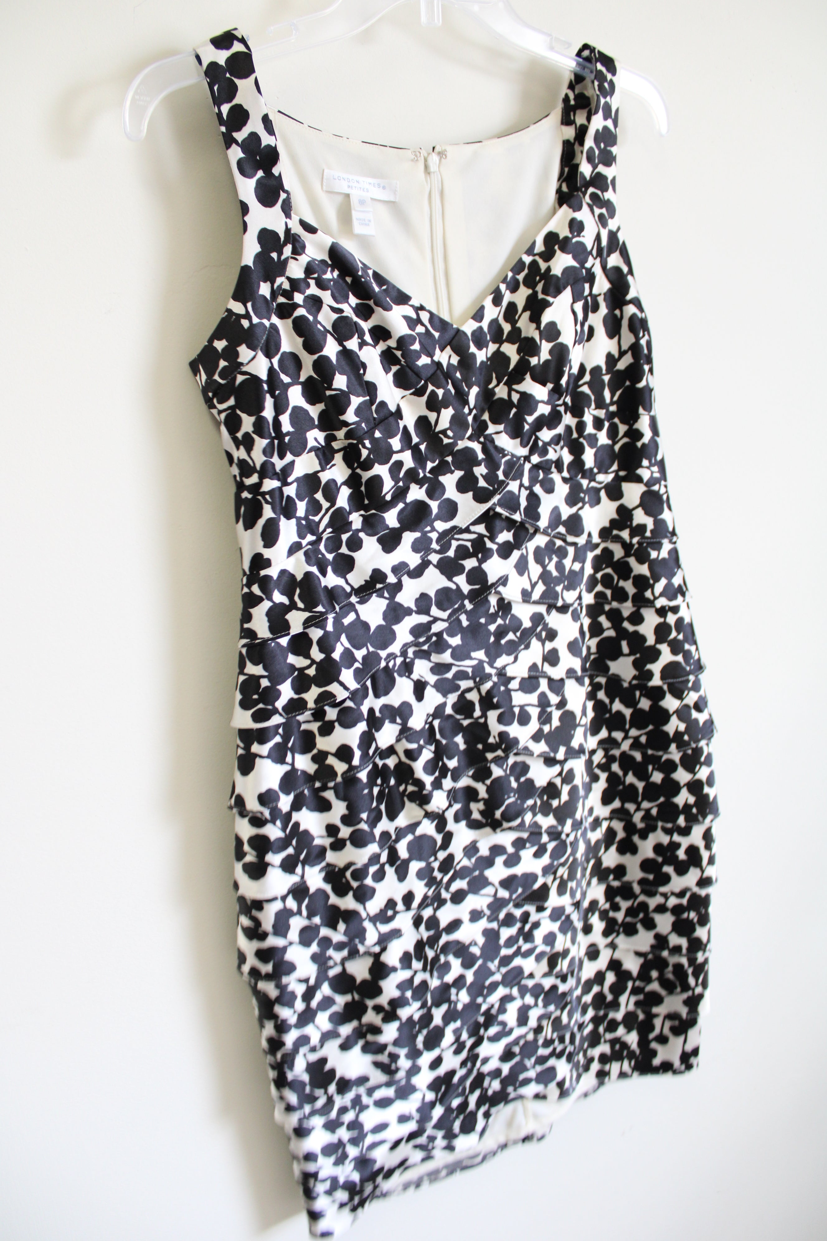 London Times Black Floral Satin Layered Dress | 8 Petite