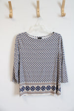 Ann Taylor Cream Navy & Brown Patterned Top | M