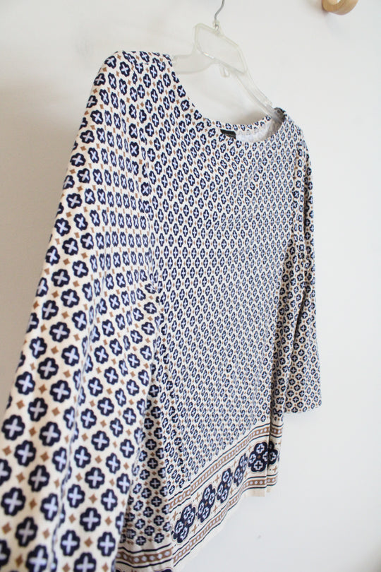 Ann Taylor Cream Navy & Brown Patterned Top | M