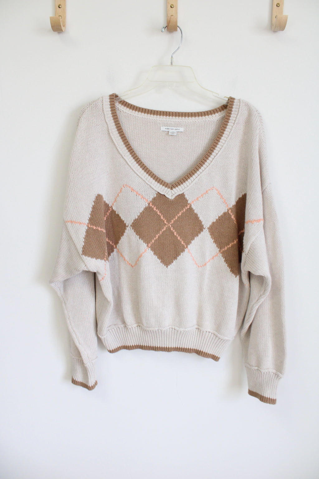 American Eagle Beige Argyle Knit Sweater | L