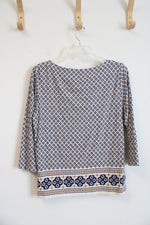 Ann Taylor Cream Navy & Brown Patterned Top | M
