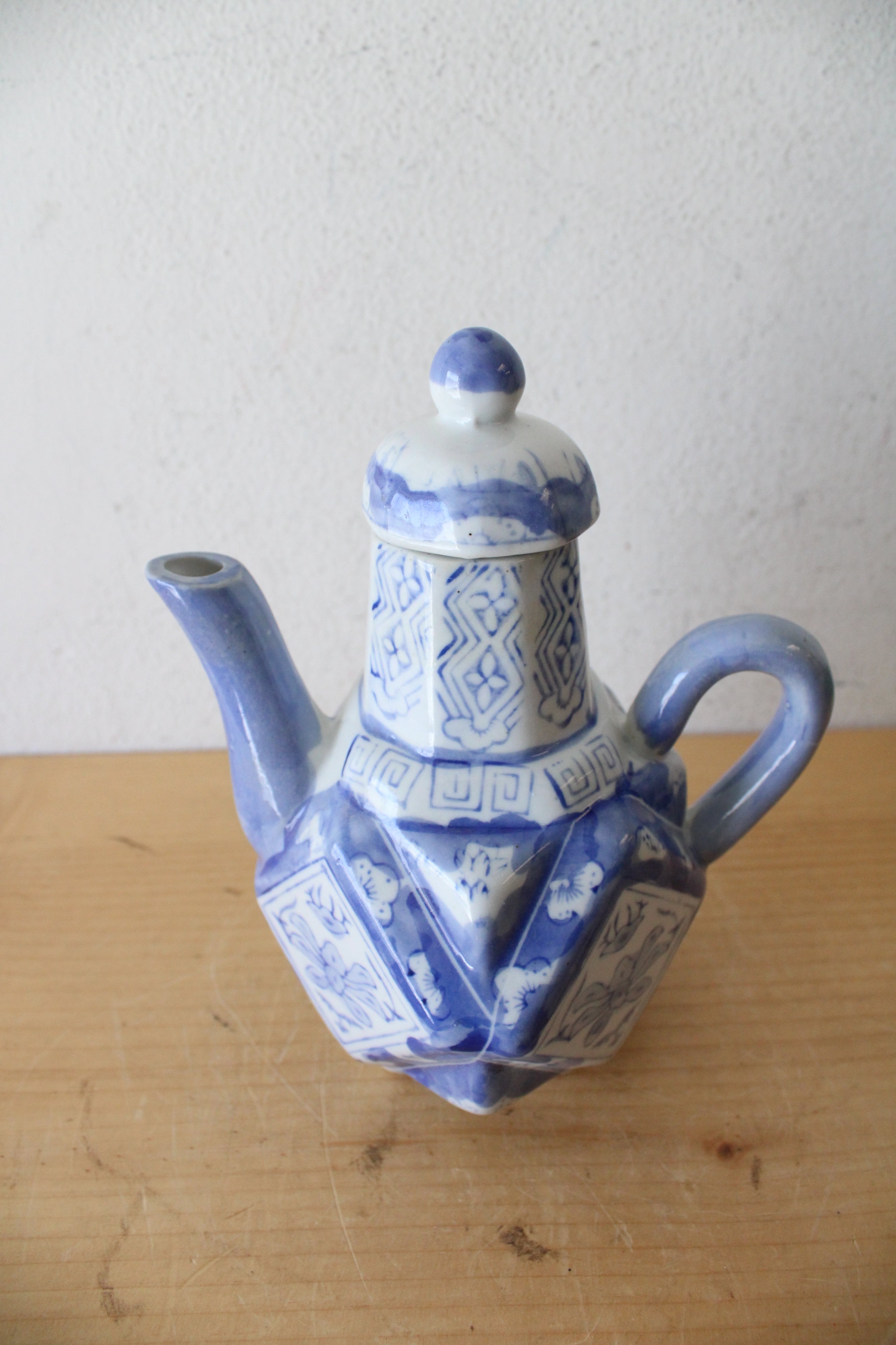 Vintage Chinese Blue & White Angular Porcelain Teapot