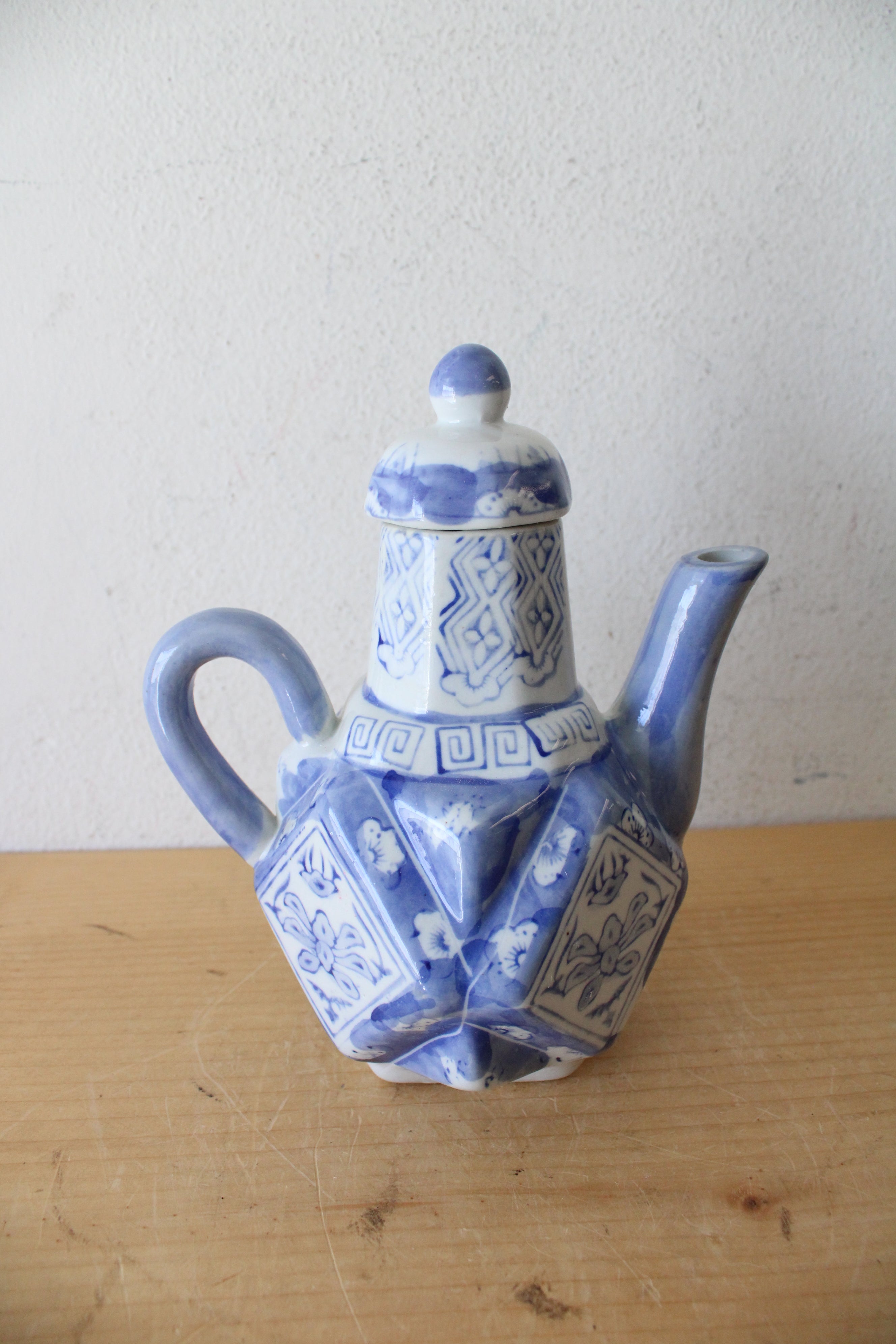 Vintage Chinese Blue & White Angular Porcelain Teapot
