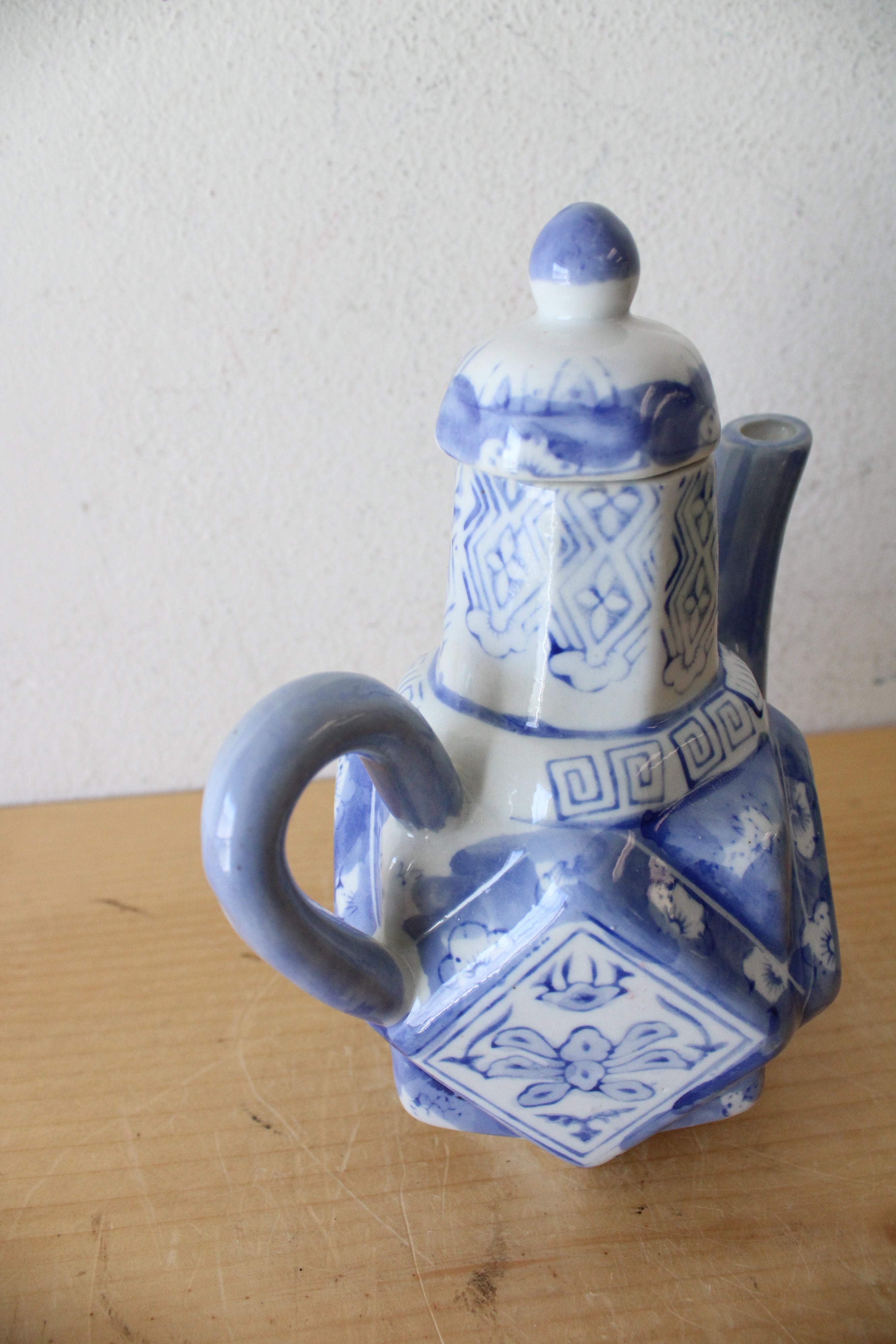 Vintage Chinese Blue & White Angular Porcelain Teapot