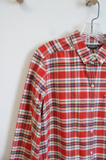 Eddie Bauer Orange Blue White & Yellow Plaid Button Down Shirt | L Tall