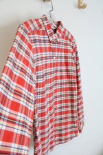 Eddie Bauer Orange Blue White & Yellow Plaid Button Down Shirt | L Tall