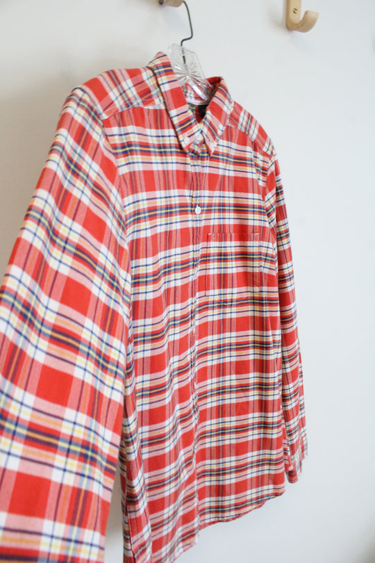 Eddie Bauer Orange Blue White & Yellow Plaid Button Down Shirt | L Tall