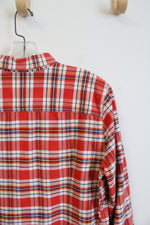 Eddie Bauer Orange Blue White & Yellow Plaid Button Down Shirt | L Tall