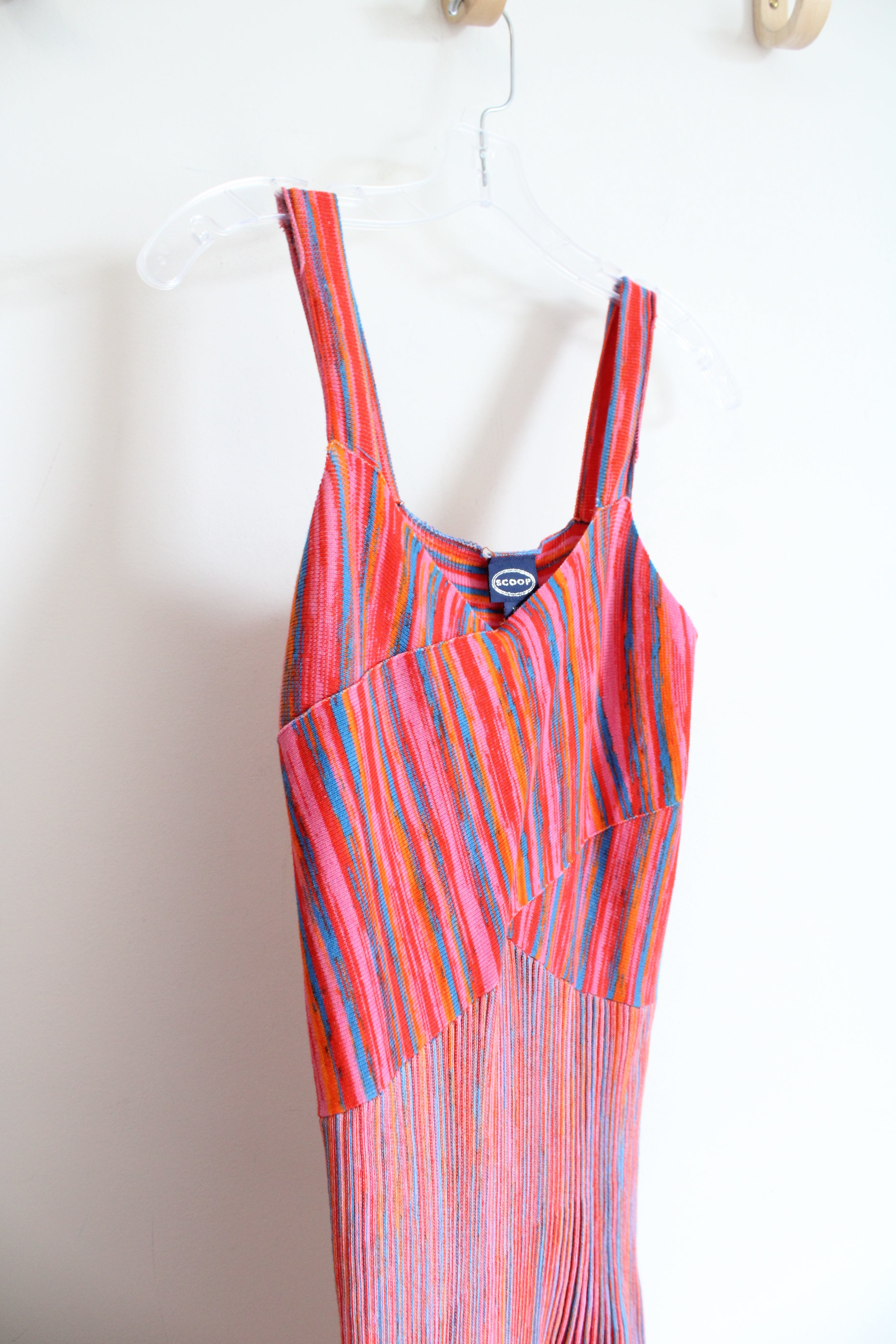 Scoop Orange Red & Blue Striped Pleated Knit Dress | XS Scoop Orange Red & Blue Striped Pleated Knit Dress | XS