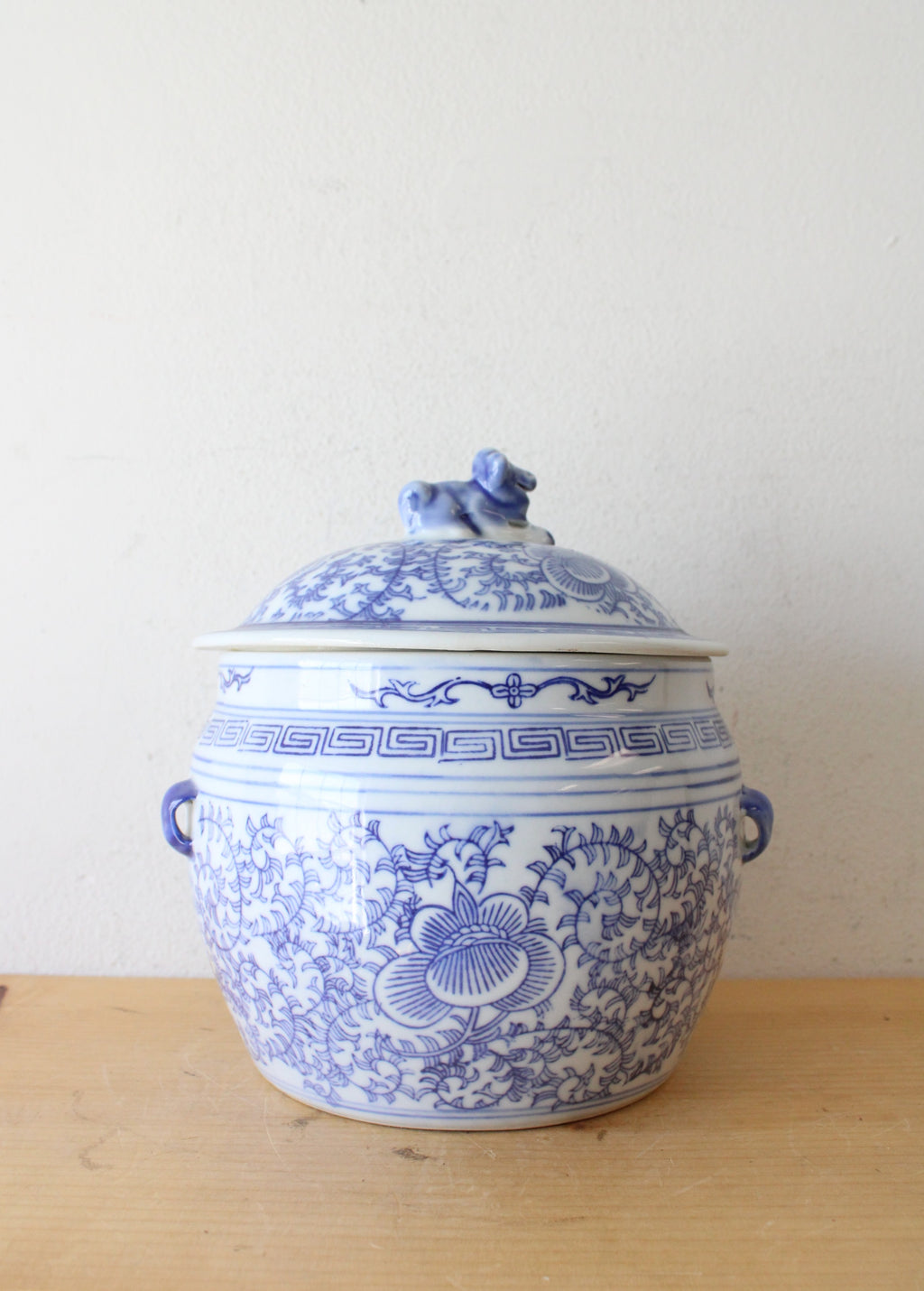 Vintage Chinese Blue & White Floral Lidded Porcelain Rice Jar