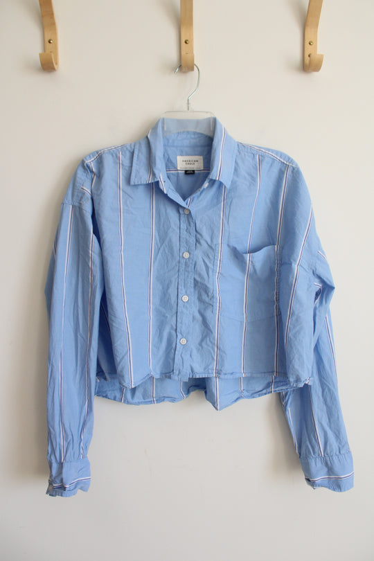 American Eagle Blue & White Striped Button Down Cropped Top | L