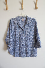Chico's Blue & White Patterned Button Down Linen Top | 2 (L)