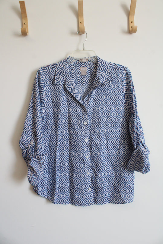 Chico's Blue & White Patterned Button Down Linen Top | 2 (L)
