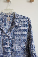 Chico's Blue & White Patterned Button Down Linen Top | 2 (L)