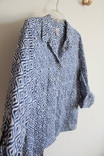 Chico's Blue & White Patterned Button Down Linen Top | 2 (L)