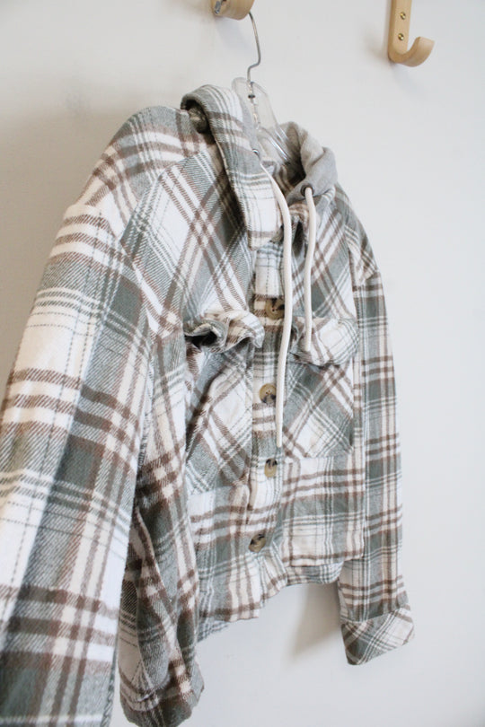 Aeropostale Green Brown & White Plaid Hooded Cropped Top | M