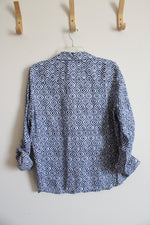 Chico's Blue & White Patterned Button Down Linen Top | 2 (L)
