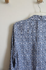 Chico's Blue & White Patterned Button Down Linen Top | 2 (L)