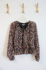 American Eagle Pink Green & Orange Floral Black Shimmer Long Sleeved Blouse | M
