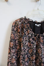American Eagle Pink Green & Orange Floral Black Shimmer Long Sleeved Blouse | M