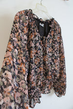American Eagle Pink Green & Orange Floral Black Shimmer Long Sleeved Blouse | M