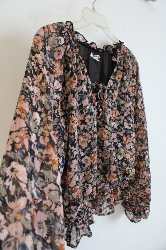American Eagle Pink Green & Orange Floral Black Shimmer Long Sleeved Blouse | M