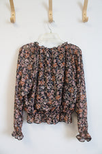 American Eagle Pink Green & Orange Floral Black Shimmer Long Sleeved Blouse | M