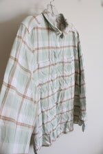 Croft & Barrow Mint Green Brown & White Plaid Button Down Top | L