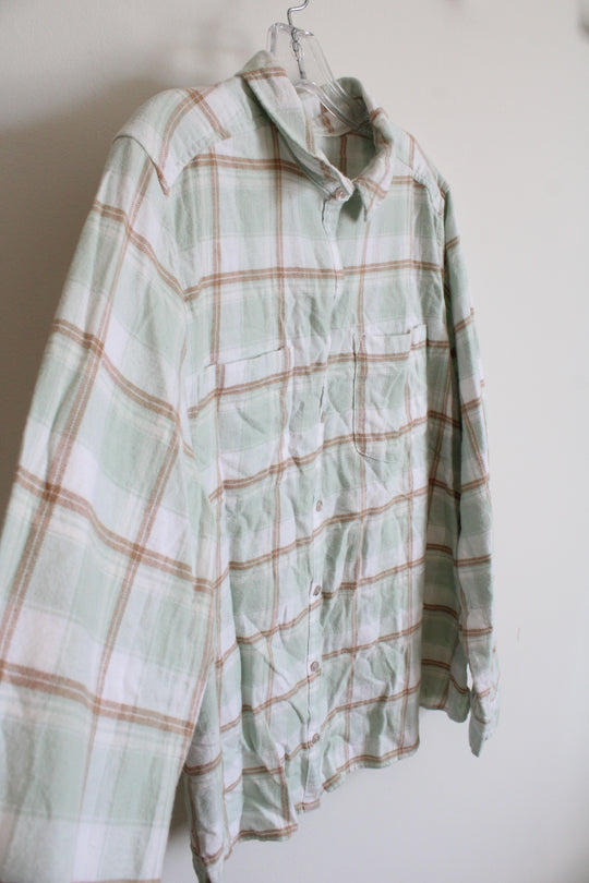 Croft & Barrow Mint Green Brown & White Plaid Button Down Top | L