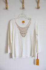 NEW Ruby Rd. Cream Gold Embellished Knit Sweater Top | L
