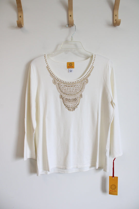 NEW Ruby Rd. Cream Gold Embellished Knit Sweater Top | L