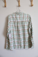 Croft & Barrow Mint Green Brown & White Plaid Button Down Top | L
