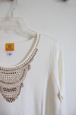 NEW Ruby Rd. Cream Gold Embellished Knit Sweater Top | L