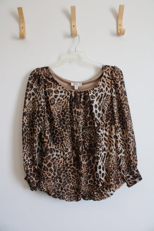 Dressbarn Black & Brown Leopard Print Metallic Long Sleeved Blouse | 1X