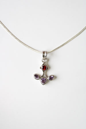 Purple & Red Stone Anchor Shaped Sterling Silver Necklace