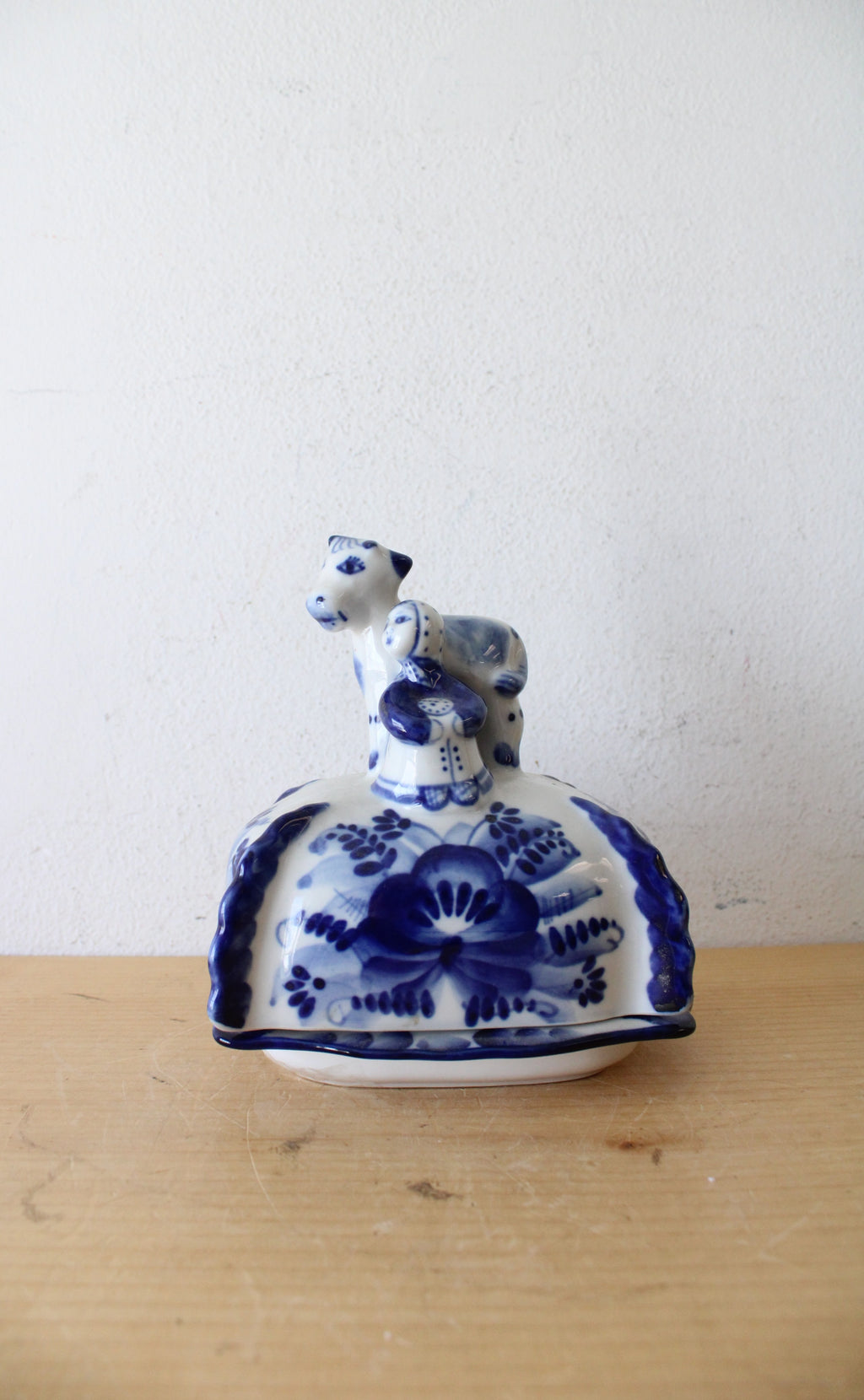 Vintage Russian Gzhel Blue & White Calf & Girl Butter Dish