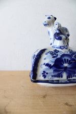 Vintage Russian Gzhel Blue & White Calf & Girl Butter Dish