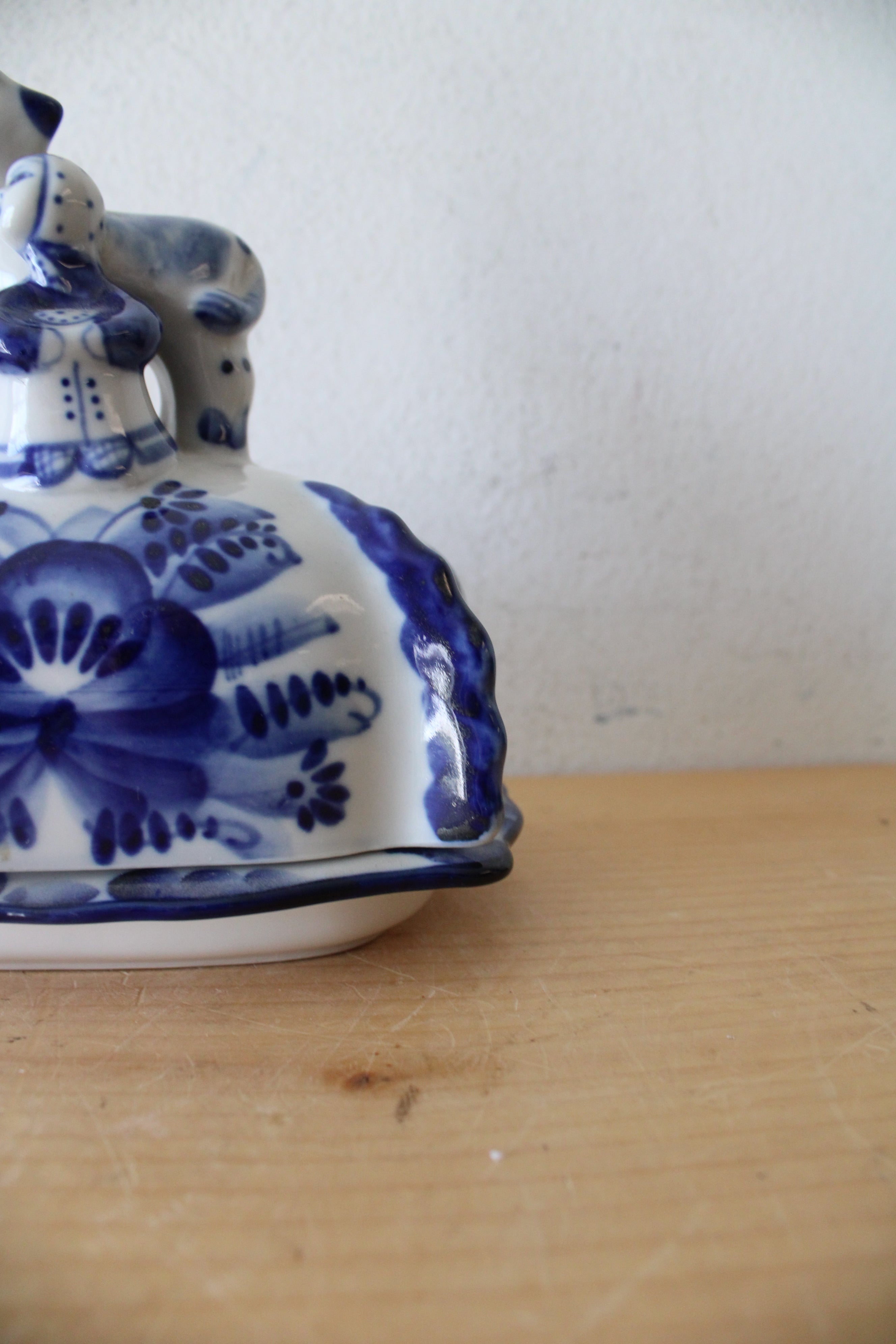 Vintage Russian Gzhel Blue & White Calf & Girl Butter Dish