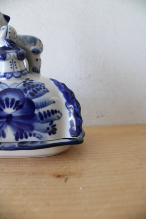 Vintage Russian Gzhel Blue & White Calf & Girl Butter Dish